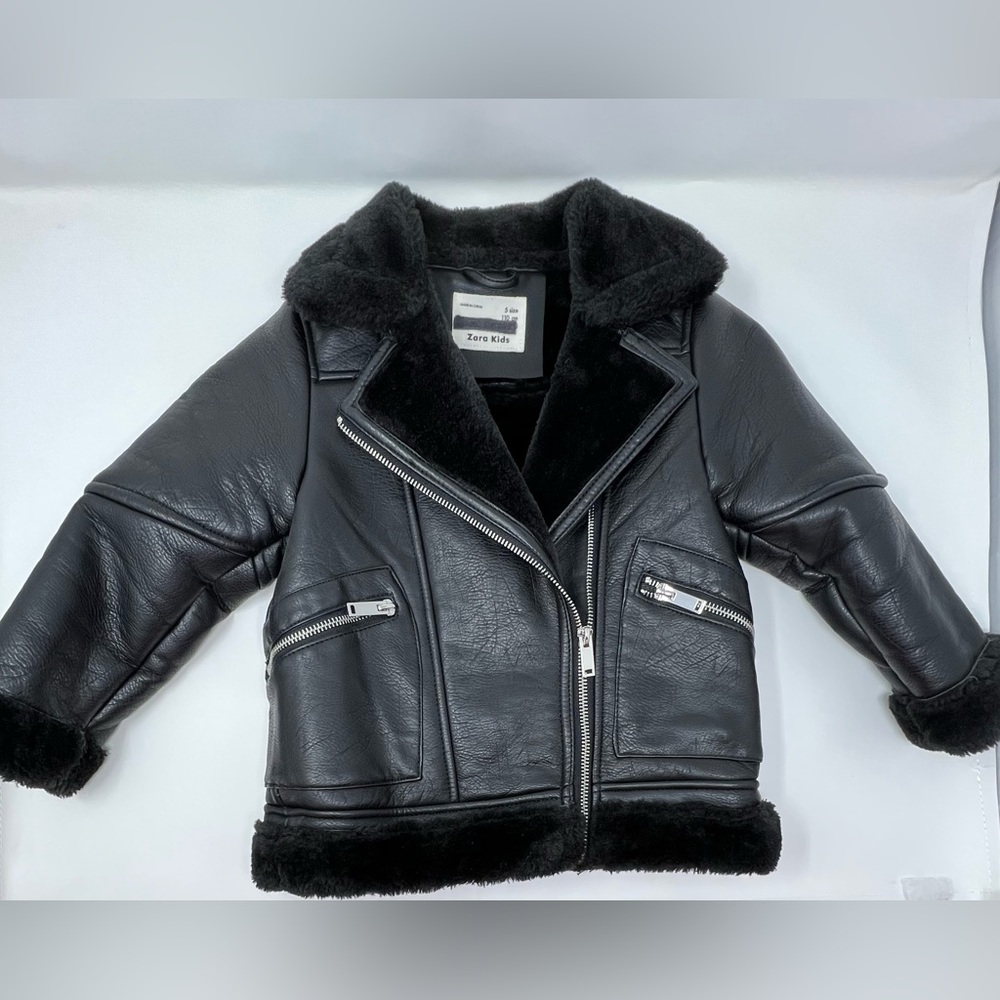 ZARA kids black leather faux fur shearling jacket kids size 5 (girls)